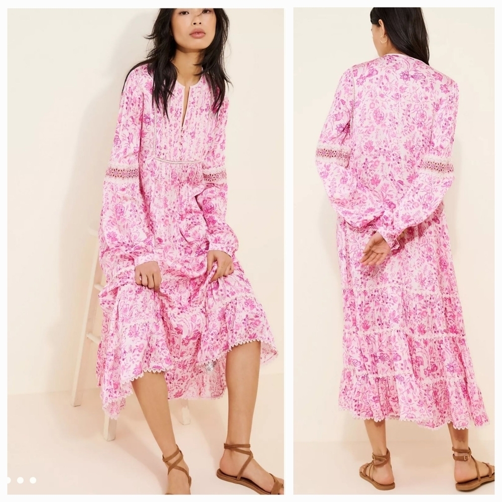 Anthropologie Payal Jain Floral Cotton Blend Long Sleeve Midi Dress Pink Size S